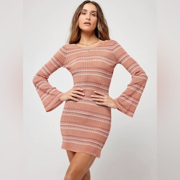 NWT L*Space Tunic Dress Striped Knit Coverup Size Large Long Sleeve Mini Dress - Picture 1 of 7
